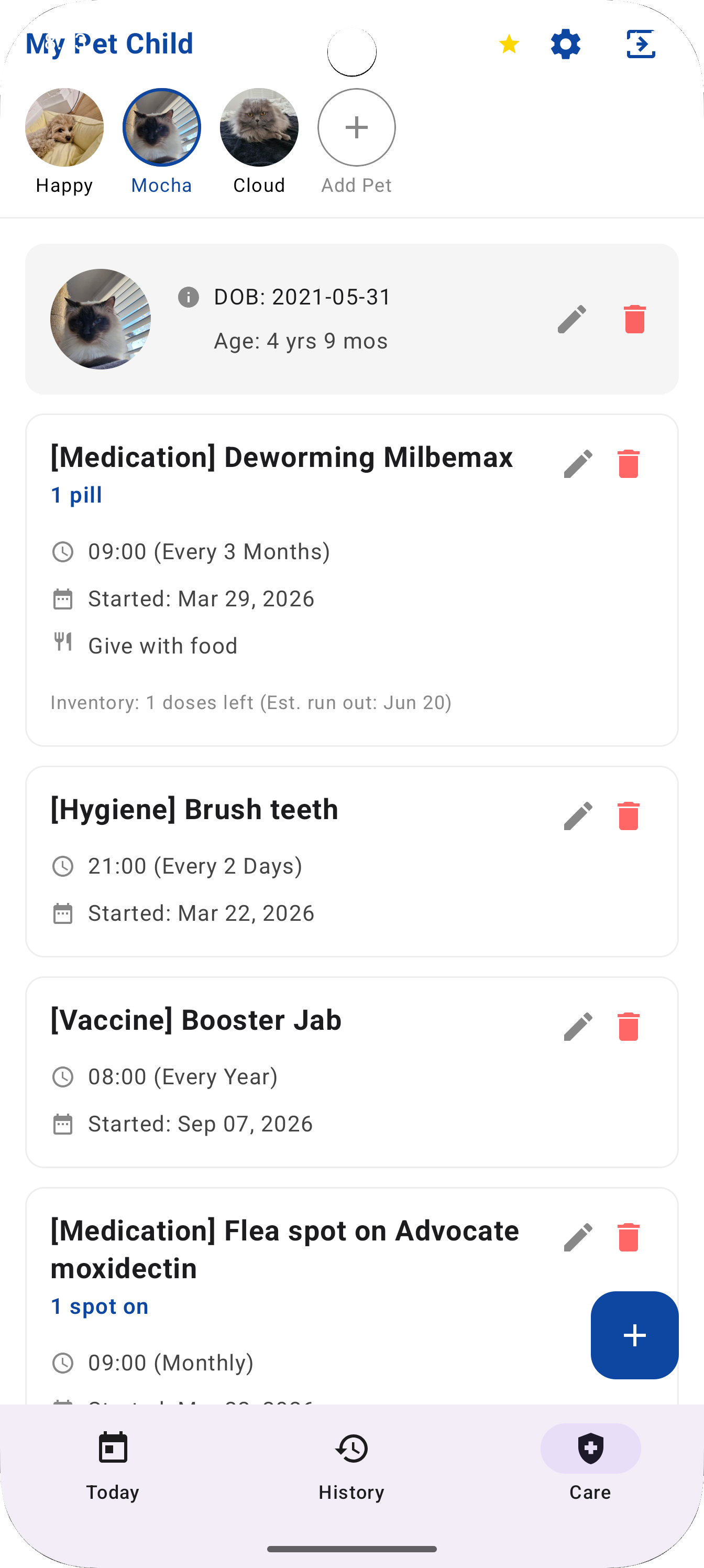 Family sync feature for pet care coordination