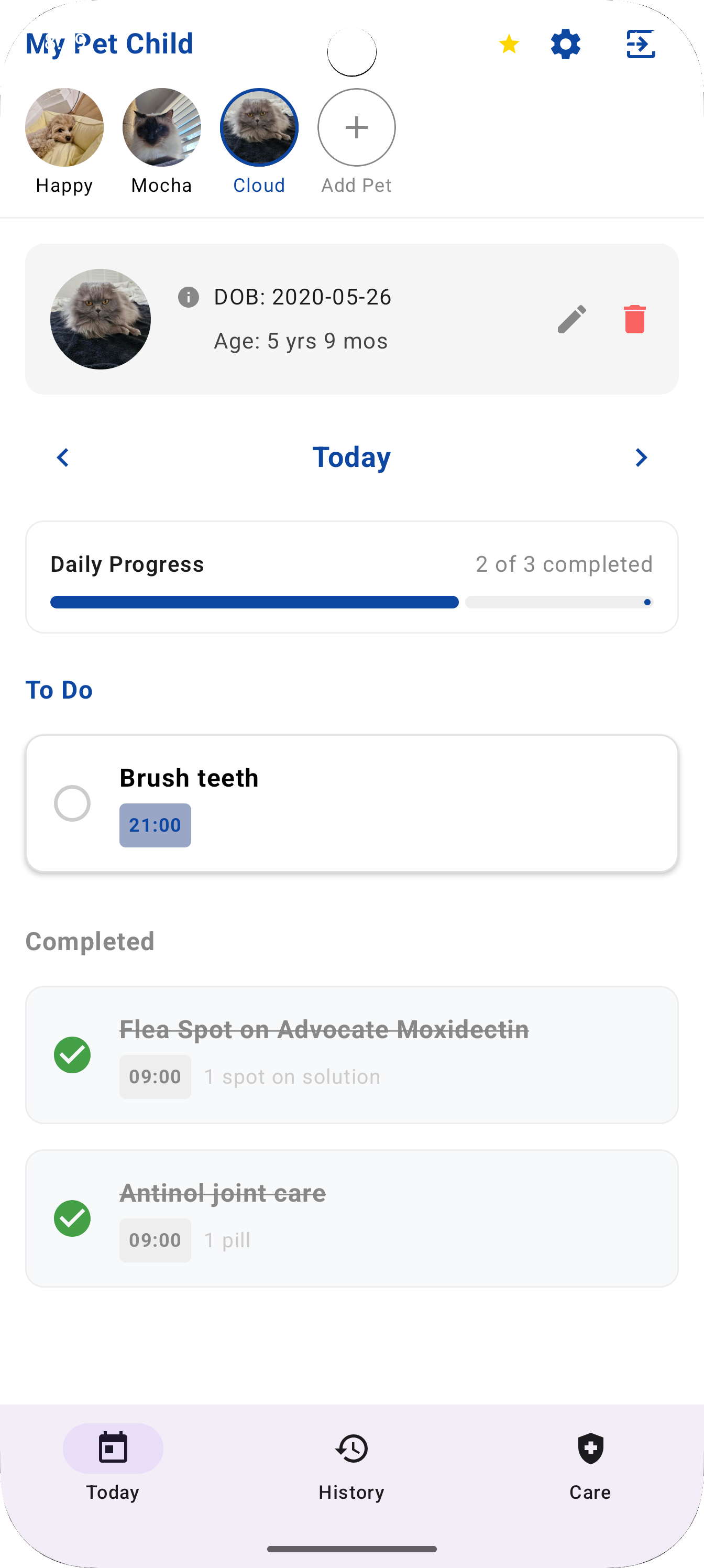 My Pet Child app dashboard showing dog medication schedule