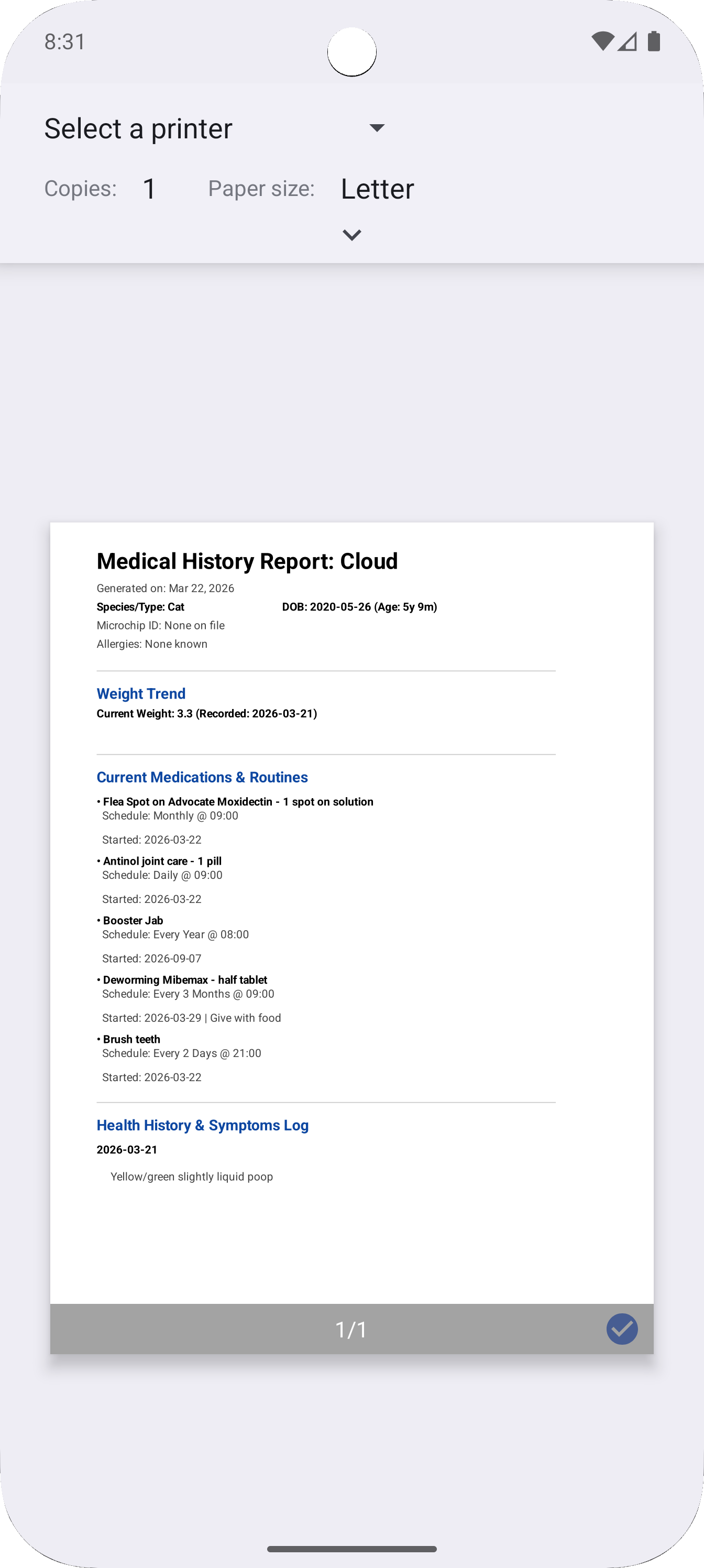 PDF medical report generated for a veterinarian