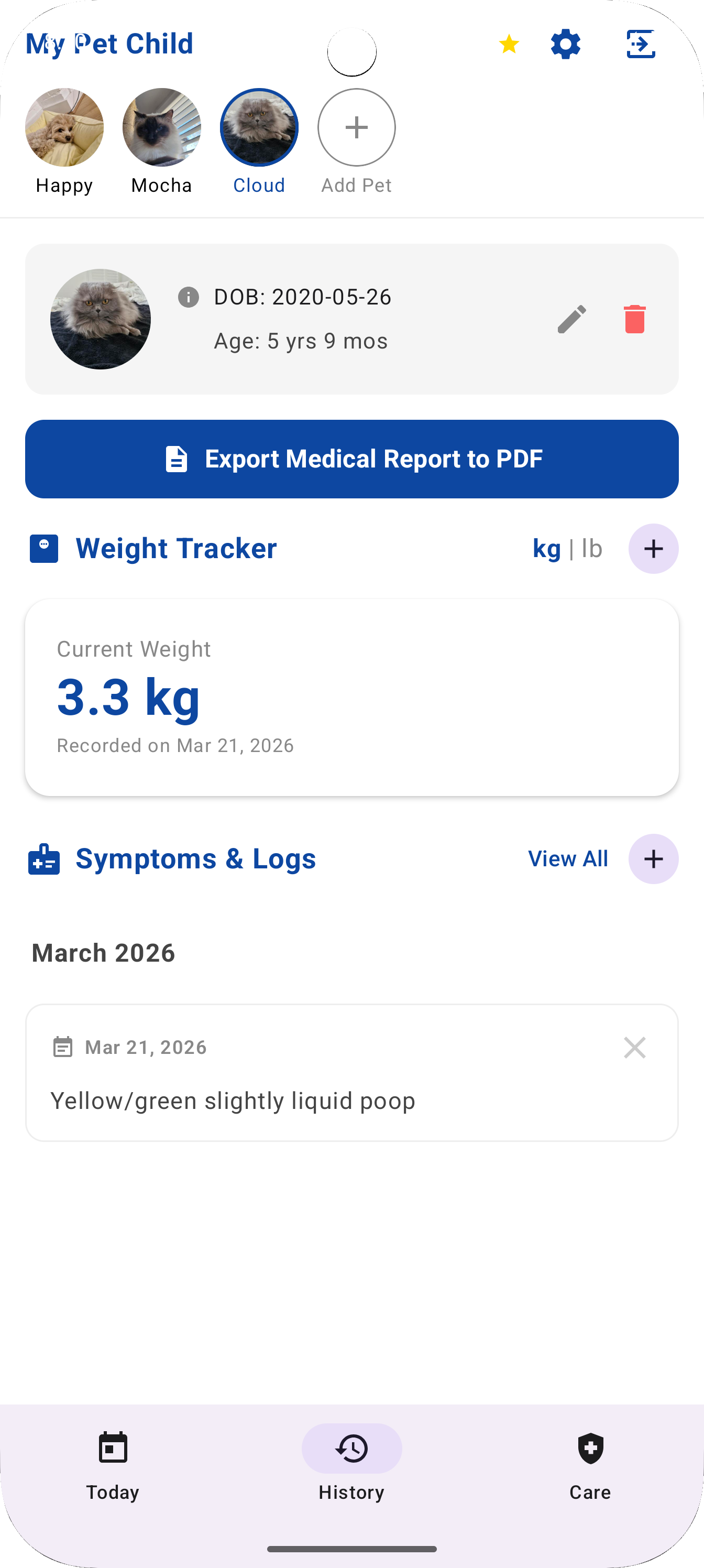 Pet health symptom tracker log interface