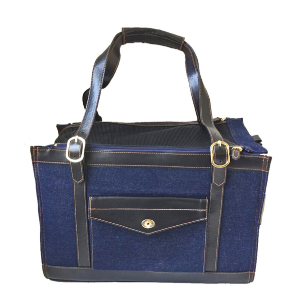 Denim Pet Carrier with Vegan Leather Trim and Sherpa Liner