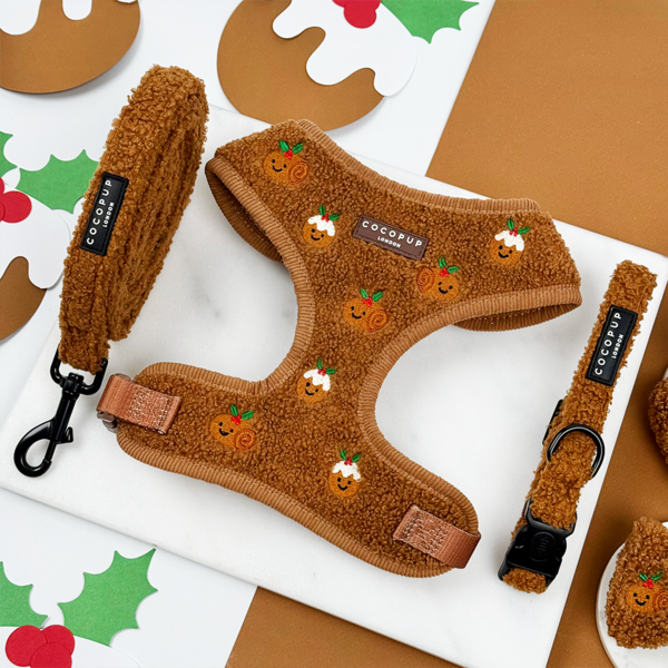 Festive Pudding Adjustable Neck Harness Lead And Collar Bundle
