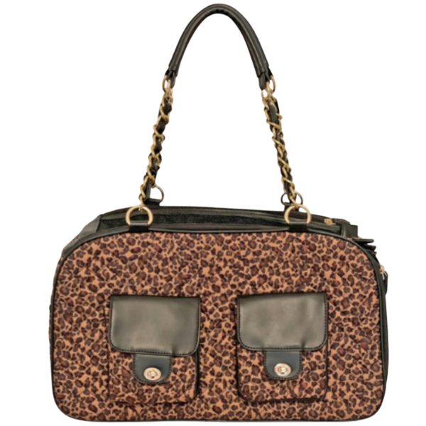 Spevack Pet Carrier with Leopard Print, Quilted Fabric and Vegan Leather Handles