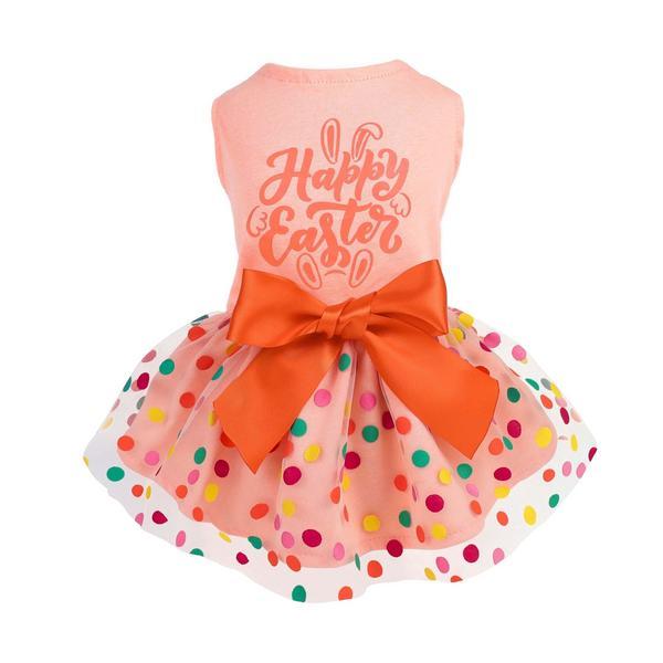 Happy Easter Dress with Colorful Polka-Dot Skirt and Large Orange Bow