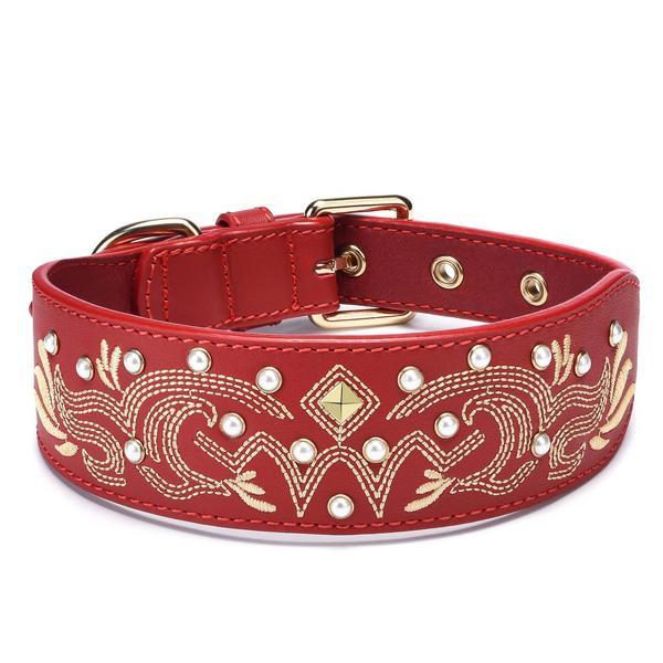 Red Western Leather Collar With Gold Baroque Embroidery And Pearl Studs